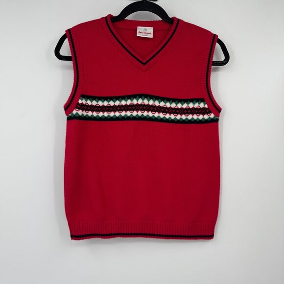 Hanna Andersson Red Vest Nordic Sweater Cotton Pullover Navy Trim Size 140  10 - Picture 1 of 9